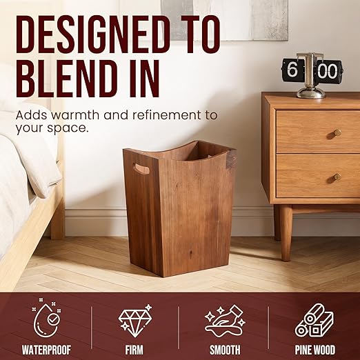 Wood Waste Basket 2 Gallon Rectangular Trash Can with Handles Water-Resistant Lacquer Finish Compact for Bathroom Bedroom Office