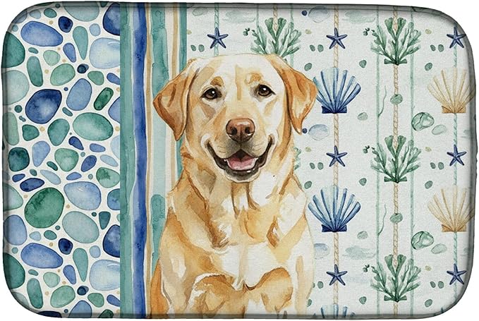 Caroline's Treasures Yellow Labrador Retriever Coastal Sea Glass Dish Drying Mat Absorbent Dish Drying Mat Pad for Kitchen Counter Dish Drainer Mat for Countertop 14 x 21 Multicolor
