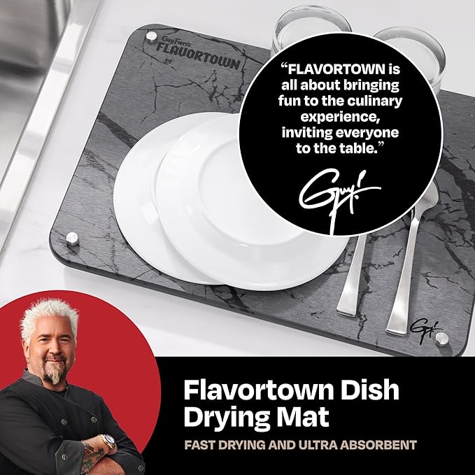 Guy Fieri’s Flavortown Stone Dish Drying Mat 16x12 with Anti-Slip Stainless Steel Feet Kitchen Counter Mat Durable Stone Drying Rack for Dishes and Glassware Gray Dark Marble