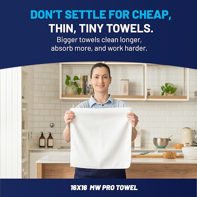 MW Pro Microfiber Cleaning Cloth | White (12 Pack) | Size 16 x 16 | All Purpose Microfiber Towels - Clean Dust Polish Scrub Absorbent