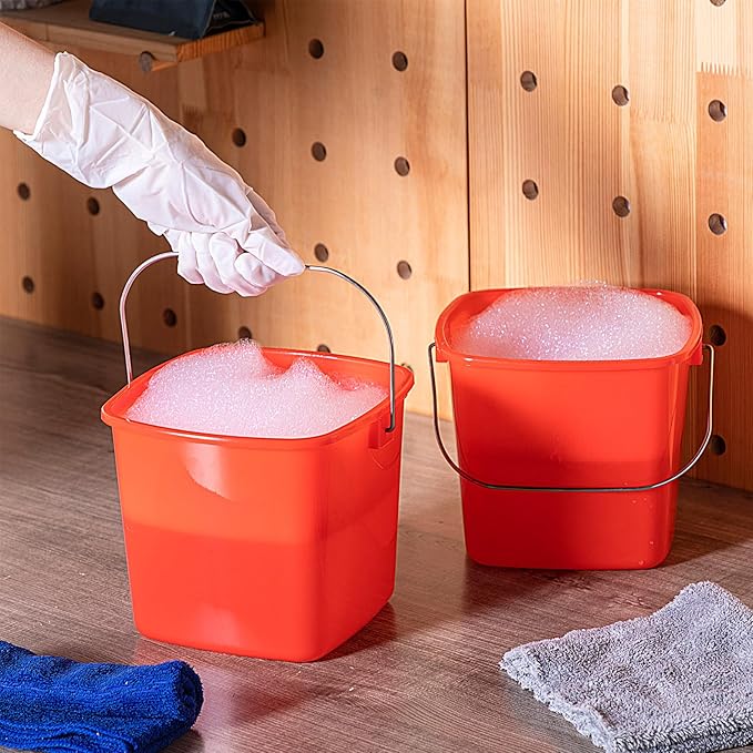 Zhehao 6 Pcs 3 Quart Bucket for Cleaning Small Sanitizer Bucket for Restaurant Square Plastic Pail with Handles for Home Offices Commercial Use Food Service(Red)