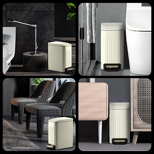 Small Bathroom Trash Can with Lid Soft Close-6L/1.6 Gal Slim Step Garbage Can-Metal Pedal Wastebasket-Narrow Rectangle Garbage Container Bin for Corner Office Bedroom Toilet Live Room-Beige
