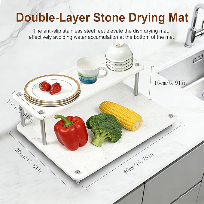 Stone Drying Mat for Kitchen Counter Double-layer Stone Drying Rack Super Absorbent Diatomaceous Earth Stone Dish Dry Mat with Non-Slip Stainless Steel Feet for Kitchen/Bedroom/Bathroom Supplies