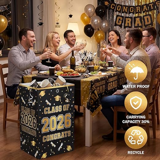 Tinlade 6 Pack 2026 Black and Gold Graduation Decoration 13 Gallon Disposable Trash Cans Class of 2026 Party Garbage Bins Large Waterproof Foldable Recycle Pop up Bins for Graduation Party School