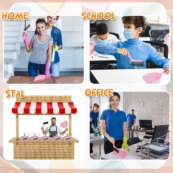 Sliner 18 Pack Mini Dustpan and Brush Set Plastic Dust Pans with Brush Small Broom and Dustpan Set Mini Broom Dust Pan for Home Office Kitchen Table Desktop Floor Cleaning Supplies (Pink)
