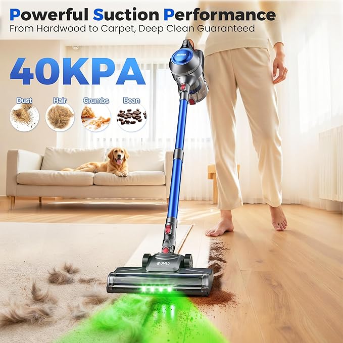 Cordless Vacuum Cleaner 40Kpa Powerful Suction Stick Vacuum Cleaners for Home 45 Mins Runtime 1.6L Dust Box Anti-Tangle 8-in-1 Rechargeable Vacuum for Hardwood Floor Carpet Pet Hair