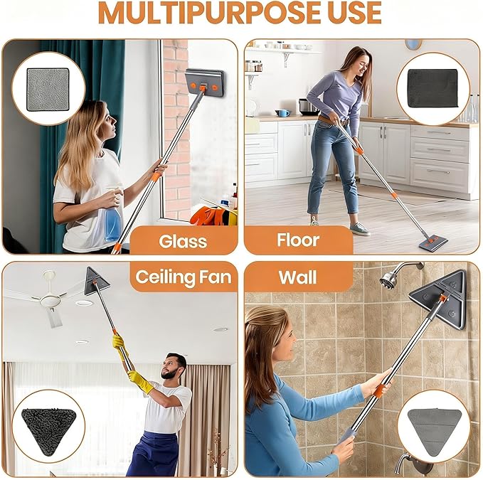 85'' Wall &amp Ceiling Mop with Long Handle Wall and Baseboard Cleaner Tool 2 Mop Heads (Triangle Corner + Square) 8 Reusable Washable Pads (Chenille/Microfiber/Scrub) for Shower Walls Tile Floo