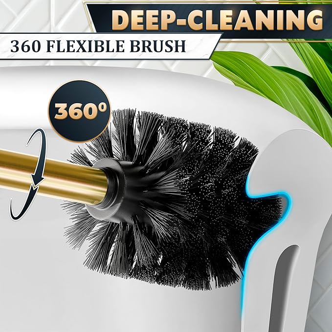 Gold Toilet Brush with Square Holder - Toilet Brush and Holder Set Gold Stainless Steel Handle with Splash Shield Replaceable Head and Removable Inner Cup - Freestanding Bathroom Toilet Cleaning Set