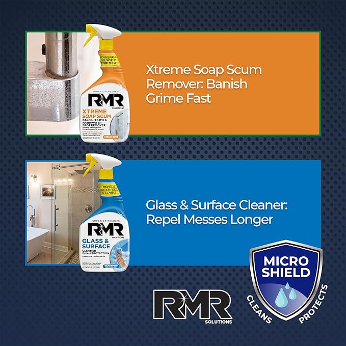 RMR Shower Shield Power Pack – Glass &amp Surface Cleaner/Repellent + Xtreme Soap Scum Remover Multi-Surface Cleaning Kit for Bathroom Tile Glass &amp Surfaces 2–32 Oz Bottles