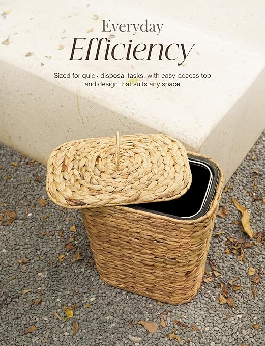 3 GALLONS Wicker Waste Basket - Wicker Trash Can with Lid - Water Hyacinth Bathroom Garbage Can with a Lid - Bathroom Trash Can Boho Style - Removable Liner Iron Frame (Natural 3 Gallons)