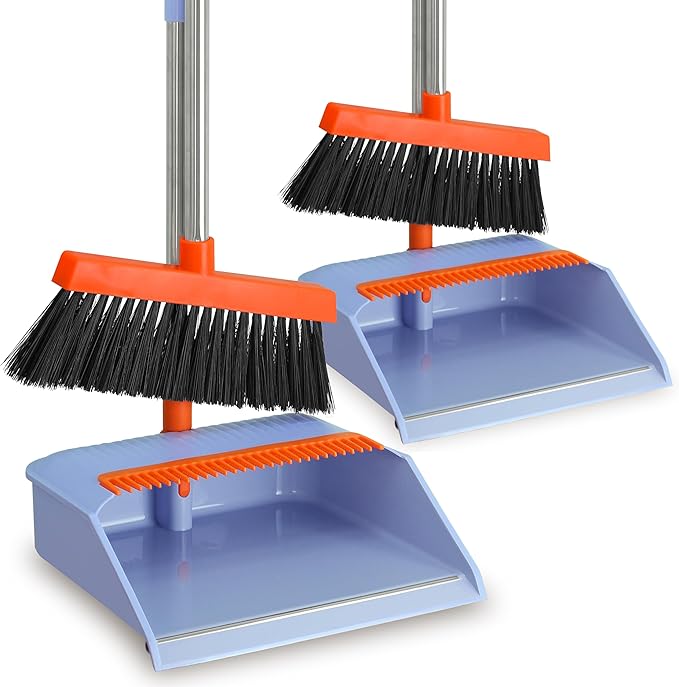 PHYEX 2-Pack Broom and Dustpan Set for Sweeping Indoor Broom Dustpan with 48 Long Handle Broom with Dustpan Combo Set(Purple)
