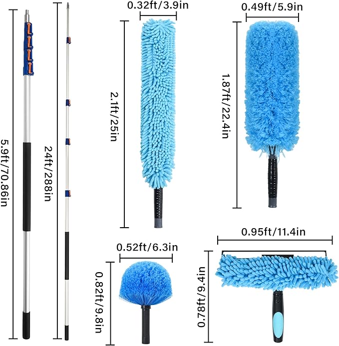 30 Foot High Reach Cleaning Kit with 6-24FT Telescoping Pole - High Ceiling Dusting and Window Cleaning Kit Cobweb Duster Window Washer &amp Squeegee Fan Duster and Feather Duster
