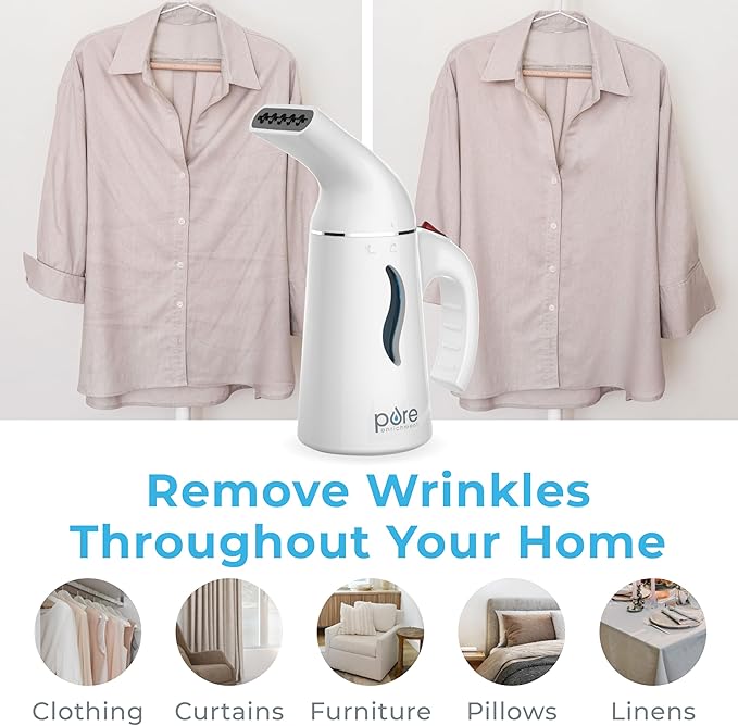 Pure Enrichment PureSteam Portable Fabric Steamer - Handheld Travel Garment Steamer Removes Wrinkles &amp is Safe on All Fabrics - Fast-Heating Lightweight Auto Safety Shut-Off &amp Long Cord (Wh