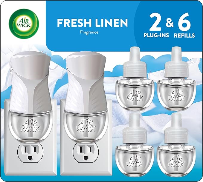 Air Wick Plug in Scented Oil Starter Kit 2 Warmers + 6 Refills Fresh Linen Same Familiar Smell of Fresh Laundry Eco Friendly Essential Oils Air Freshener