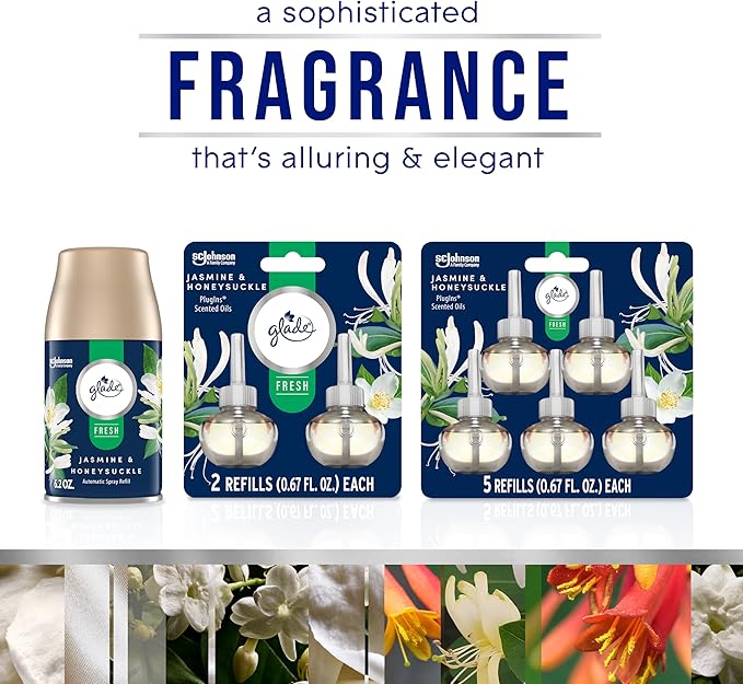 Glade PlugIns Refills Air Freshener Jasmine &amp Honeysuckle Scented and Essential Oils for Home and Bathroom 0.67 Fl Oz 10 Count