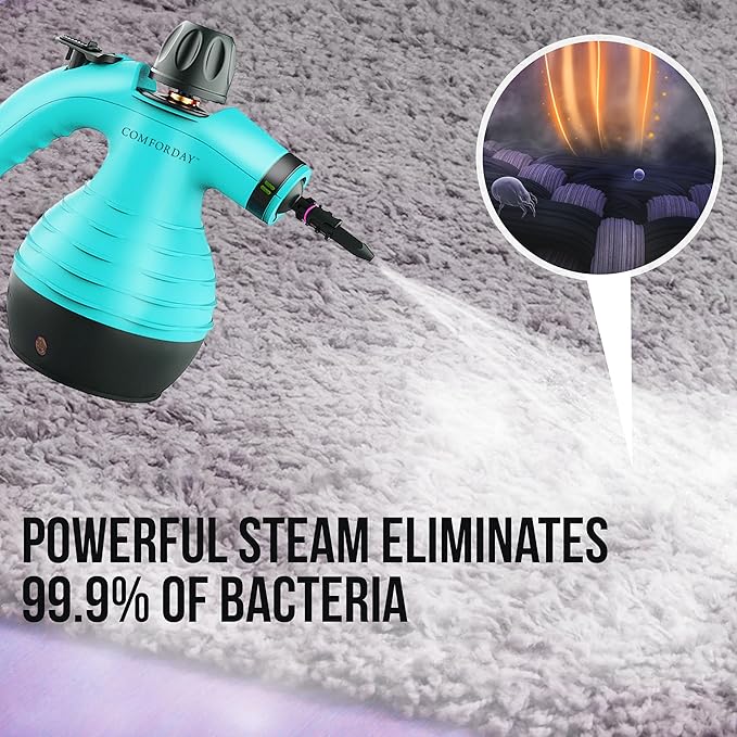Comforday Multi-Purpose Handheld Pressurized Steam Cleaner with 9-Piece Accessories Handheld Steamer Perfect for Stain Removal Curtains Car Seats Floor Bathroom Window Cleaning (Light blue)