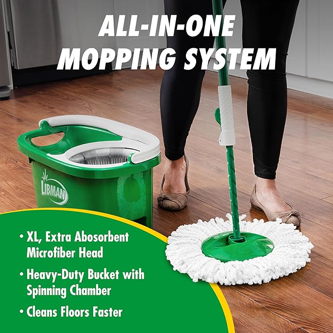 Libman Tornado Spin Mop System and 1 Refill Mop and Bucket with Wringer Set for Hardwood Floor Cleaning 2 Total Heads Included