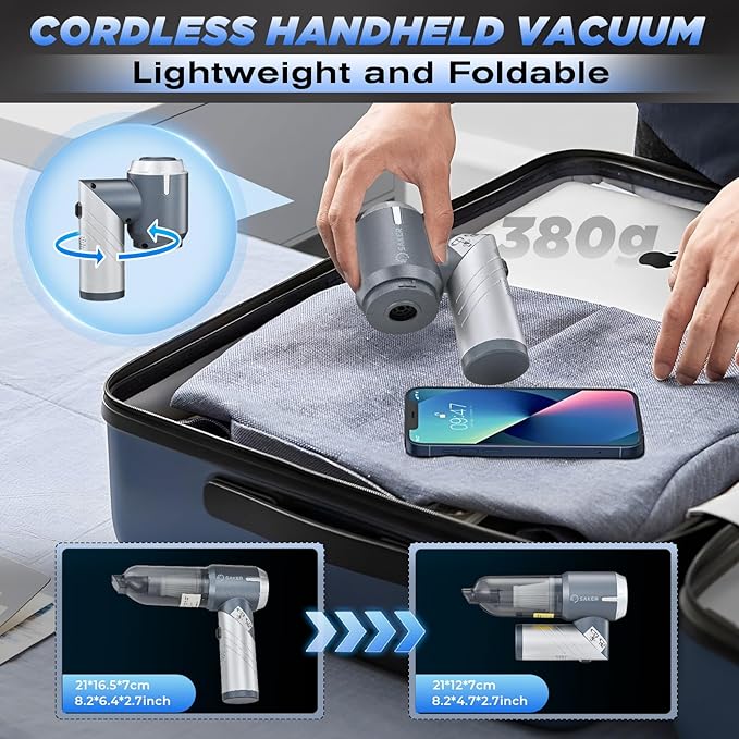 Saker Car Vacuum Cleaner 17000PA Foldable Mini Handheld Vacuums Portable Cordless with Brushless Motor for Gifts HairCarsBedroomsOffices Cleaning HL132 Silver