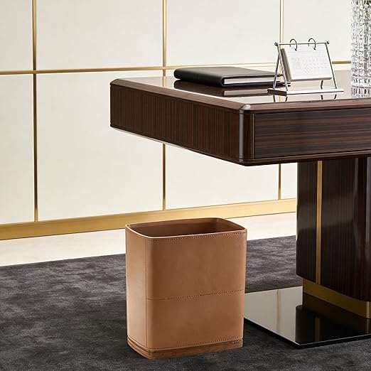 Polytree Bathroom Trash Can 1.8 Gallon(7 Liter) Small Kitchen Garbage CanDecor Wastebasket for Bedroom OfficeBrown （Resin-Imitated Leather Effect）