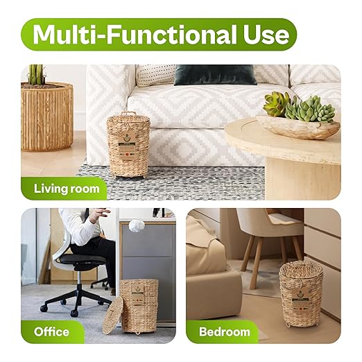 Handwoven Water Hyacinth Trash Can Set (2-Pack) 1.4 &amp 2.9 Gallon Wicker Trash Bins with Lid Removable Liner &amp Raised Feet for Bathroom Bedroom Office &amp Small Spaces