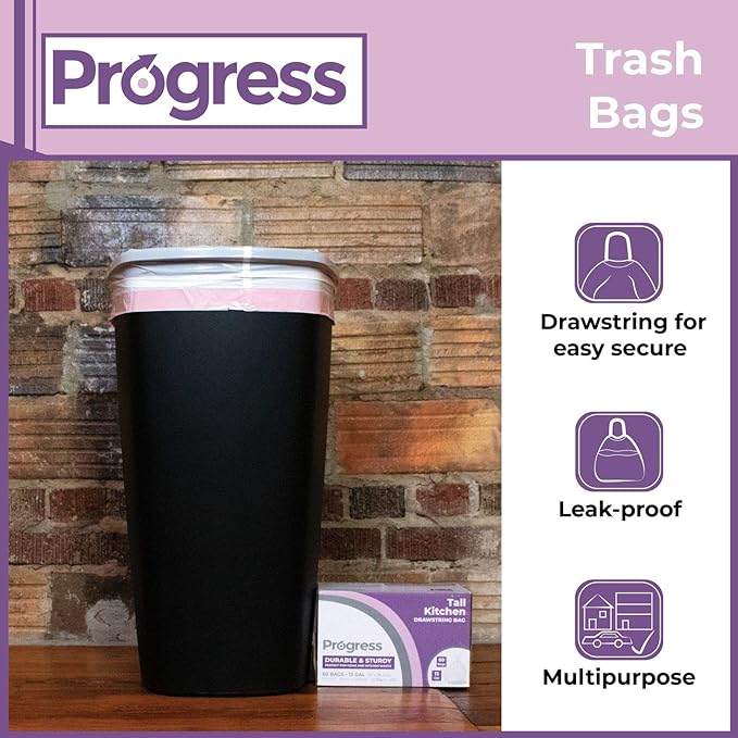 Progress Drawstring Trash Bags – 13 Gallon Portable Tall Garbage Bags Can Liners for Kitchen Office Bathroom Garage | Waste Disposal Supplies (100 Count)
