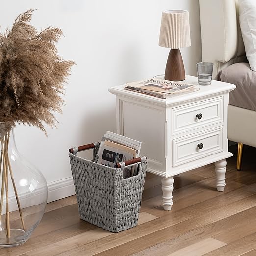 GRANNY SAYS Woven Waste Basket Gray Wicker Basket with Wood Handles Wicker Waste Basket for Bathroom Living Room 2-Pack 13 x 7 ½ x 12 ½