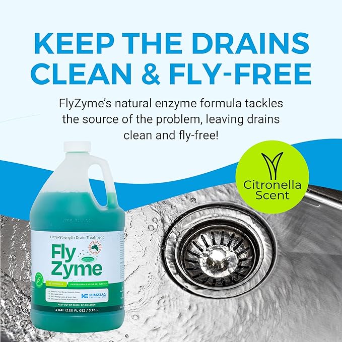 KINZUA ENVIRONMENTAL Fly-Zyme Highly Concentrated Enzyme Drain Cleaner for Pipes &amp Citronella Scented Organic Waste Degrader &amp Odor Neutralizer 1 Gallon