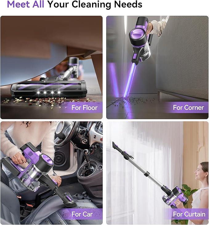 S10 Cordless Vacuum Cleaner 55Kpa 60mins Lightweight Stick Vacuum with Powerful Suction for Home Rechargeable Self-Standing Handheld Vacuum Cleaners for Hardwood Floors Carpets Purple