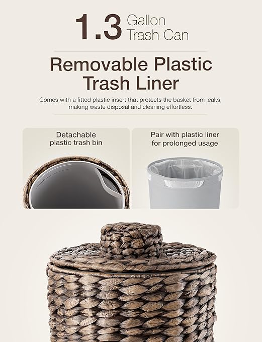 2 Gallons Wicker Waste Basket - Water Hyacinth Bathroom Trash Can - Garbage Can with Lid Boho Style - Wicker Trash Can with Lid for Bedroom Kitchen - Removable Liner Handwoven (Black Color)