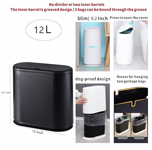12L Black Slim Bathroom Trash Can with Press Top Lid3.17 Gallon Pet/Dog Proof Kitchen Trash CanThin Garbage CanCovered WastebasketNarrow Small Plastic Trashcan for Craft RoomBedroomOfficeDorm