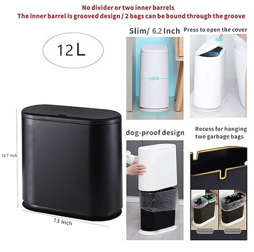 12L Black Slim Bathroom Trash Can with Press Top Lid3.17 Gallon Pet/Dog Proof Kitchen Trash CanThin Garbage CanCovered WastebasketNarrow Small Plastic Trashcan for Craft RoomBedroomOfficeDorm