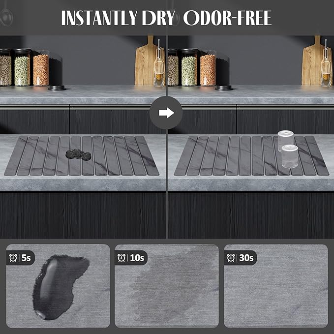 2 PCS Extra Large Stone Dish Drying Mat for Kitchen Counter 28×16 Marble Dish Drying Mat with 8x 4 Coasters Non - Slip Collapsible Absorbent Stone Dish Drying Mat for Multi - Purpose