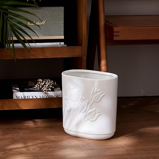 White Ceramic Tulips Small Bathroom Trash Can 2.6 Gal (10 Liter) - Heavy &amp Decorative Garbage Bin for Bathroom Kitchen Office Bedroom &amp Living Room Corner