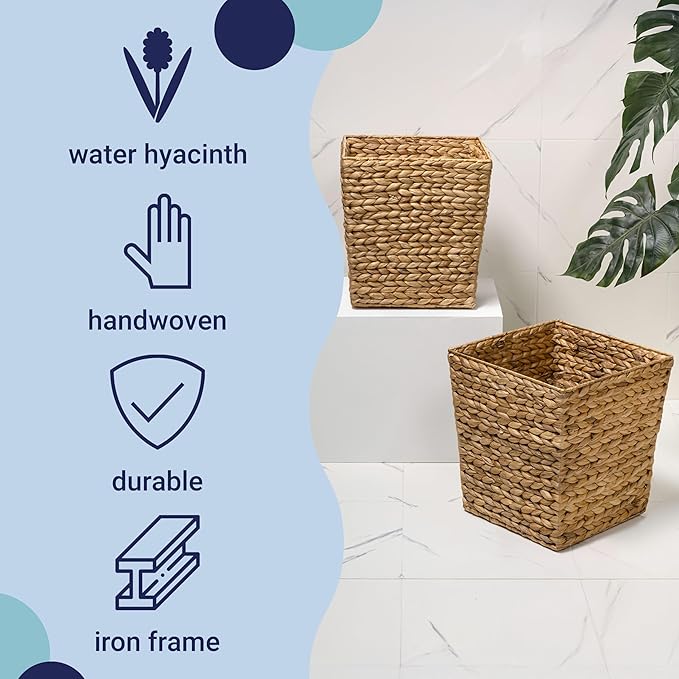 happimess HPM1402A-SET2 Theo Coastal Farmhouse Handwoven Water Hyacinth 4.8-Gallon Tapered Square Wicker Watebasket Natural (Set of 2)