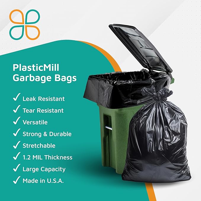 PlasticMill Heavy Duty Trash Bags - Black Garbage Bags - Plastic Trash Bags - Tall Trash Bags Trash Can Liners - 64-Gallon Large Kitchen Trash Bags 1.2 Mil 50x60 (50-Count)