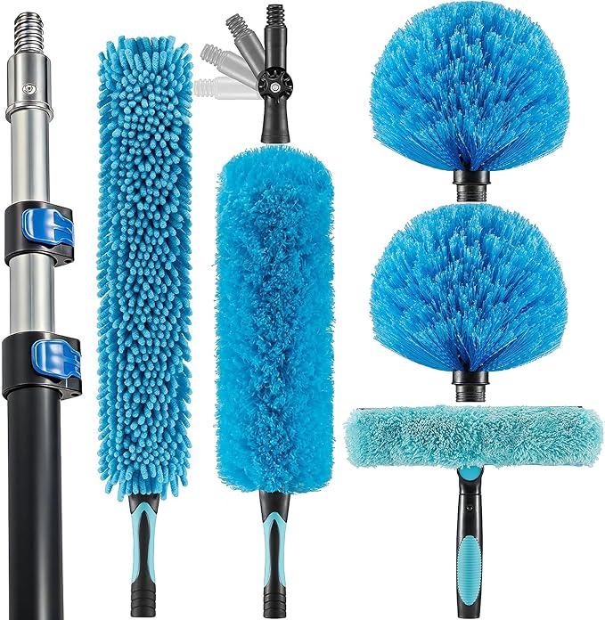 20 Foot High Ceiling Fan Duster with 5-12ft Extension Pole Extendable Reusable Cobweb Feather Window Cleaning Squeegee Kit