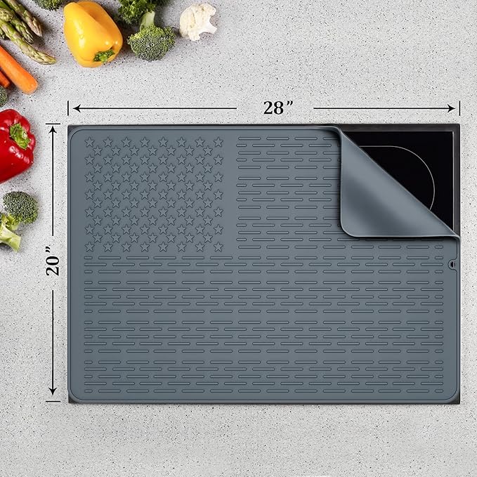 AWINNER Silicone Electric Stove Cover MatCeramic Stove Heat Resistant Glass Cooktop Flat RV Range Stovetop top ProtectorXL Dish Drying Mats for Kitchen Stars Stripes Design (Silicone Gray 28x20)