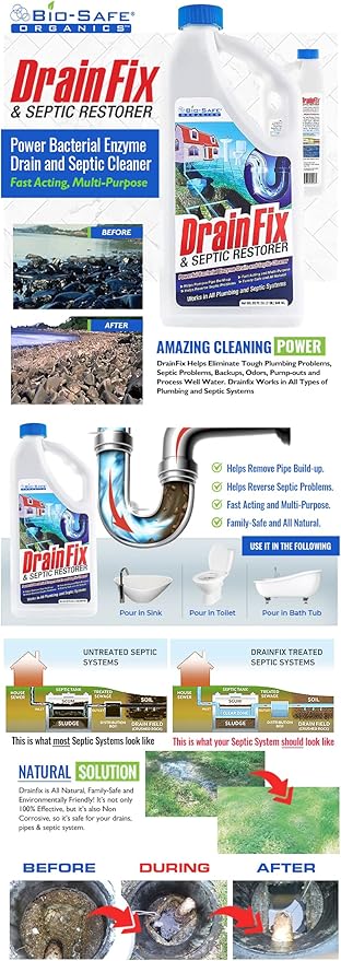 Drainfix &amp Septic Restorer 32 Oz Septic Tank Treatment | Drainfield Treatment | Septic Safe Drain Cleaner | Enzyme Drain Cleaner | Septic Cleaner | Exxon Valdez Patented - 18 Pack