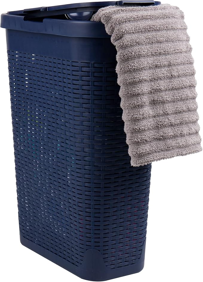 Mind Reader Slim Laundry Hamper with Lid 40L Clothes Basket Narrow Tapered Design with Ventilated Cutout Pattern Plastic Navy