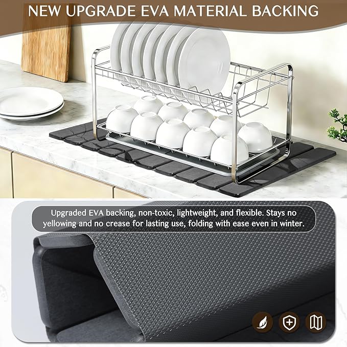 Large Stone Dish Drying Mat for Kitchen Counter Thin &amp Light Quick Dry Stone Dishes Mats Foldable Water Absorbing Diatomite Drying Pad for Kitchen Bathroom Sink Countertop (Gray Ink 24×16 &amp