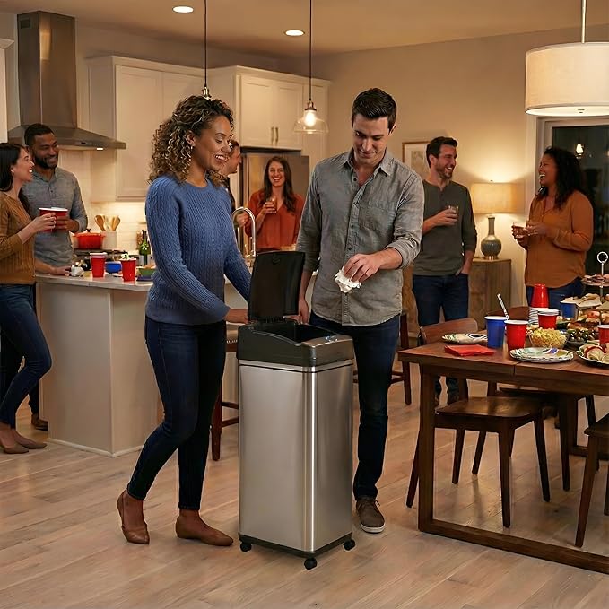 iTouchless Glide 13 Gallon Sensor Garbage Can with Wheels and Odor Control System Stainless Steel Automatic Kitchen Bin and Office Trash Bin (Powered by Battery or Optional AC Adapter)
