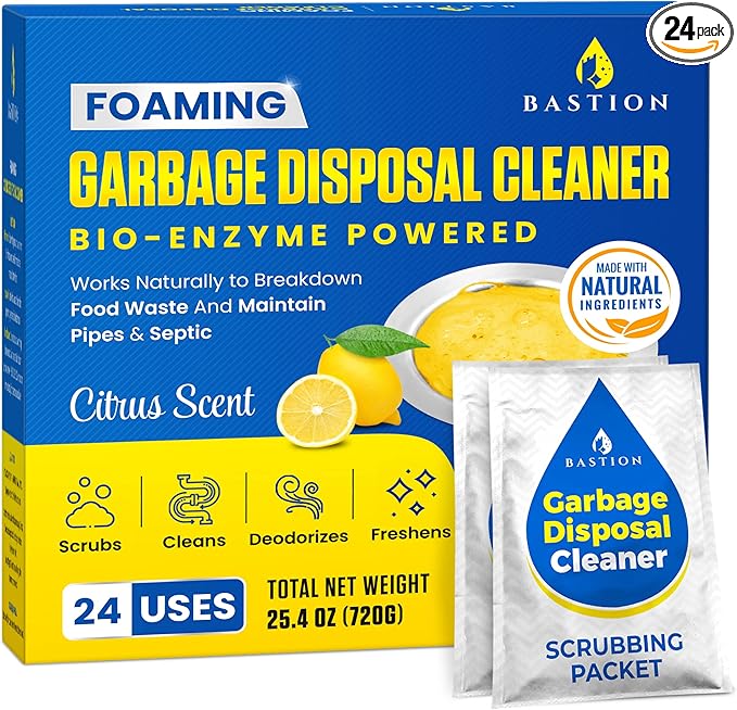 Bastion Garbage Disposal Cleaner and Deodorizer - 24-Count (1-Year Supply) Foaming Lemon Scented Kitchen Sink Freshener Pods &amp Drain Odor Eliminator Disposer Care