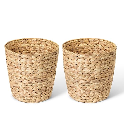 2-Pack Woven Waste Basket for Bathroom Bedroom or Living Room | Wicker Wastebasket Style Handwoven Basket Made from Water Hyacinth | Modern Boho Storage Basket