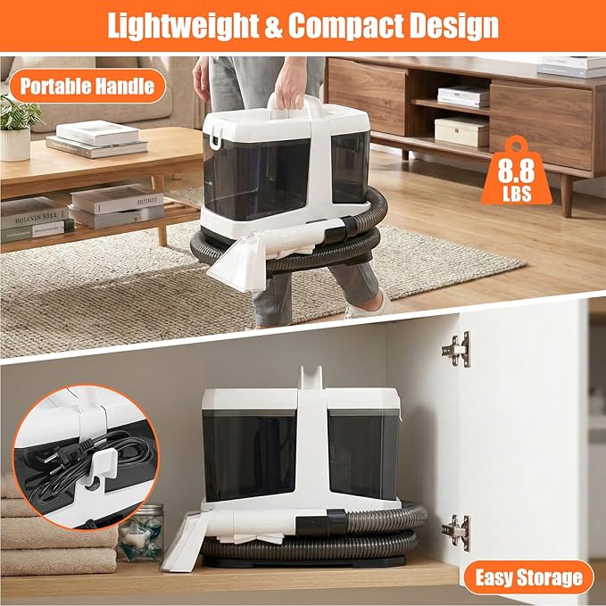 Portable Carpet &amp Upholstery Cleaner Machine 800W Brushless Motor 16KPa Powerful Suction Self-Cleaning with 3 Brush Heads Deep Cleaning Spot Shampooer for Pet Sofa Couch Car &amp Area Rugs