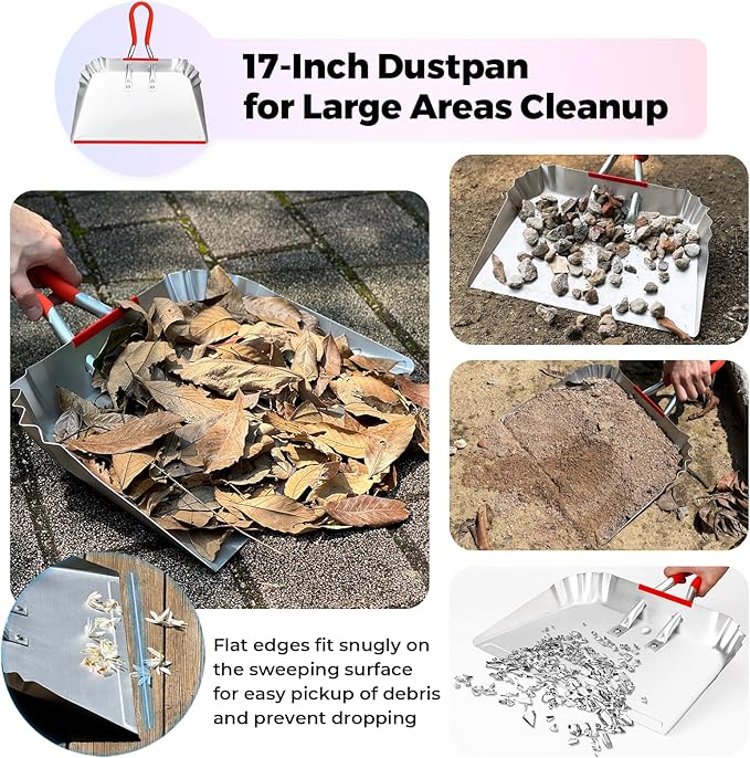2 Pack Metal Dust Pan 17 and 12 Aluminum Heavy Duty Dust Pans with Non-Slip Rubber Handle Large and Small Dustpan Set Lightweight for Sweeping Garage Leaf Household &amp Outdoor Cleaning