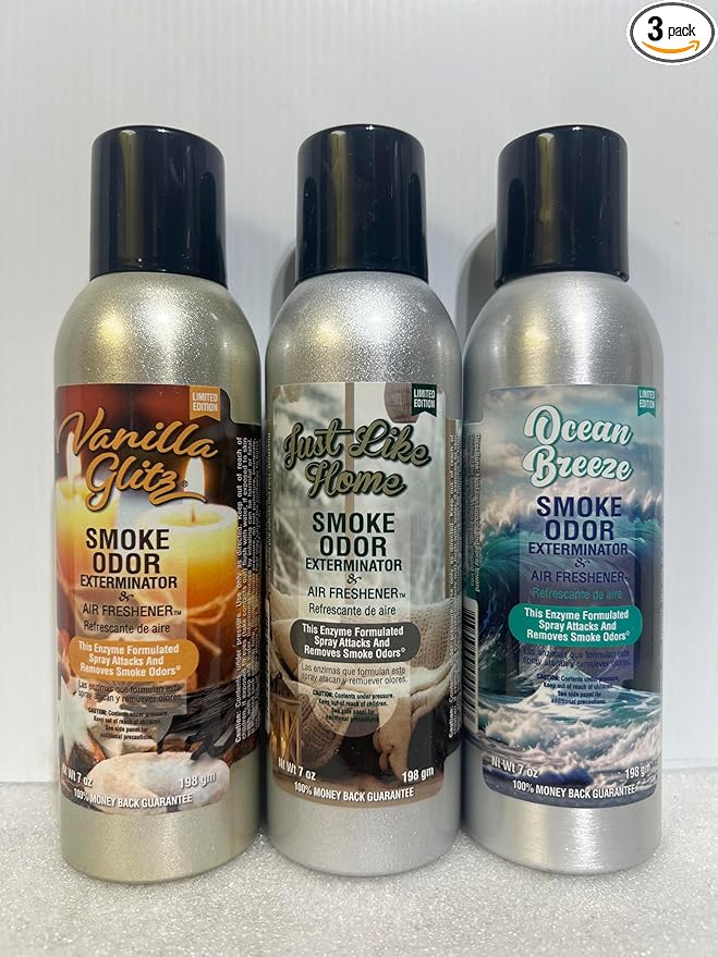 Smoke Odor Exterminator 198 gm/ 7 oz Large Spray Vanilla Glitz Set of Three Cans. Assortment (3) Includes Vanilla Glitz Just Like Home &amp Ocean Breeze.