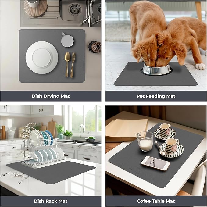 Dish Drying Mat Super Absorbent – 16 x 12 Coffee Mat for Countertops – Non-Slip Drying Mat for Kitchen Counter – Easy to Clean Water Absorbent Mat – Quick Dry Dish Drying Mats (Dark Gray)