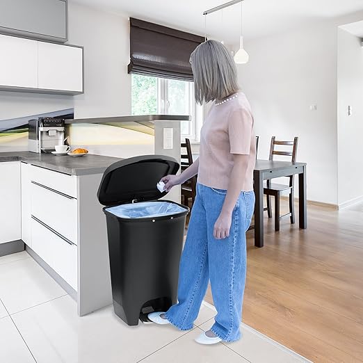 Glad 13 Gallon Trash Can | Plastic Kitchen Waste Bin with Odor Protection of Lid | Hands Free with Step On Foot Pedal and Garbage Bag Rings Black