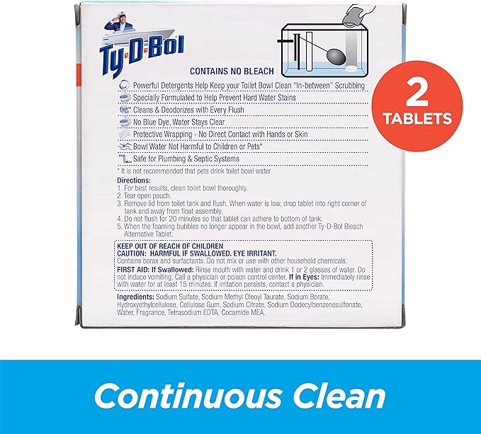 Ty-D-Bol Toilet Bowl Cleaner Tablets In-Tank Toilet Bowl Tablets Bleach Alternative Fragrance Free 2 Count (Pack of 6)
