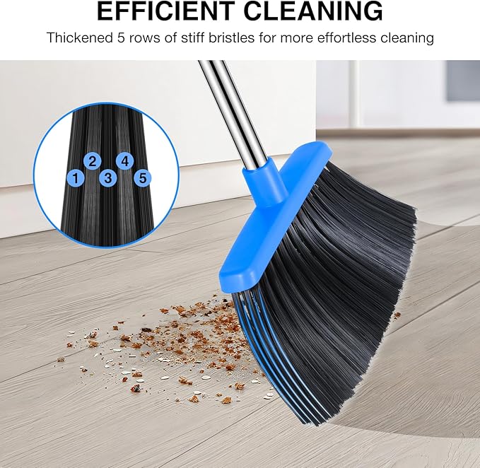 Broom and Dustpan Set 52-in Long Adjustable Handle Broom Dustpan Combo with Dust pan Teeth to Automatically Clean Hair Suitable for Home Kitchen Office Hall Floor (Black&ampBlue) 4 Pack